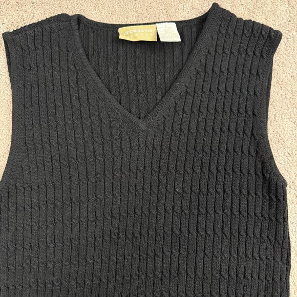 Black Liz Claiborne Sweater Vest Size L VNeck Cable Sleeveless Preppy Minimalist - Picture 2 of 4